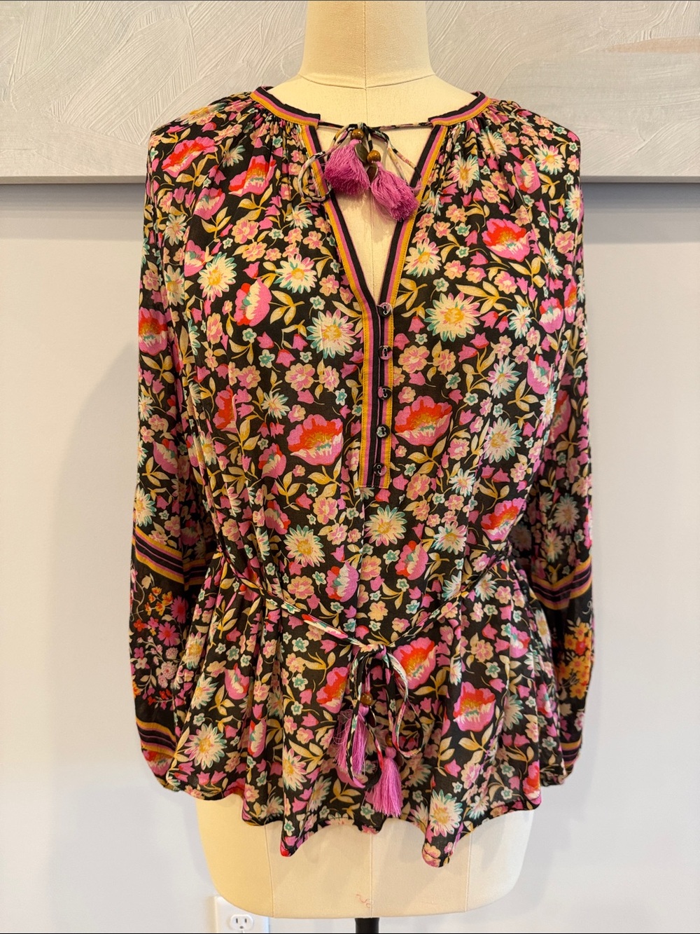 Spell Black Floral ‘Folktown’ Peasant Blouse with Pink Tassels- Size Medium